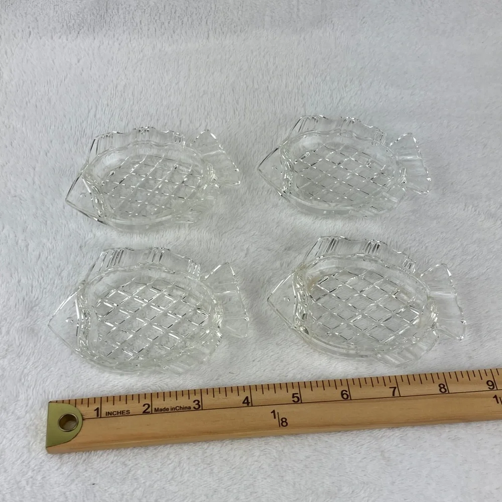 VTG Czechoslovakian Cubist Clear Glass Fish Ashtray Petite Set of 4, 4”